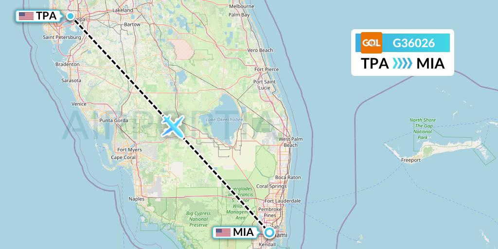 G36026 GOL Transportes Aeros Flight Map: Tampa to Miami