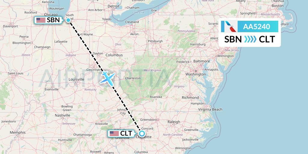 AA5240 American Airlines Flight Map: South Bend to Charlotte