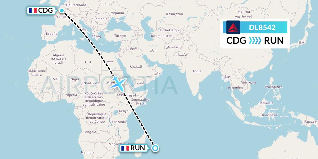 DL8542 Delta Air Lines Flight Map: Paris to Saint-Denis