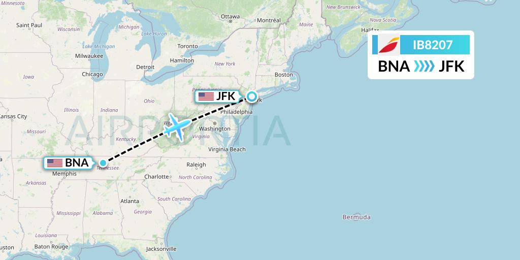 IB8207 Iberia Flight Map: Nashville to New York
