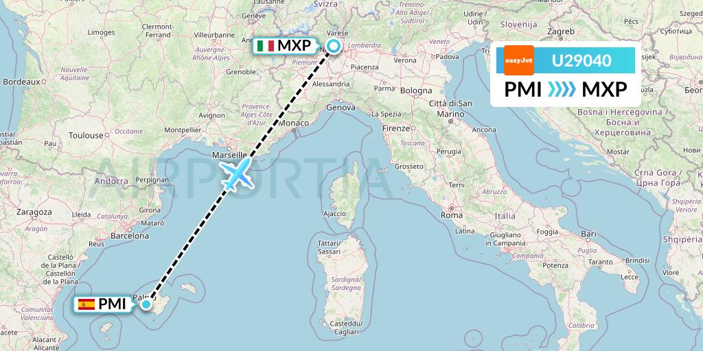 U29040 EasyJet Flight Map: Palma de Mallorca to Milan