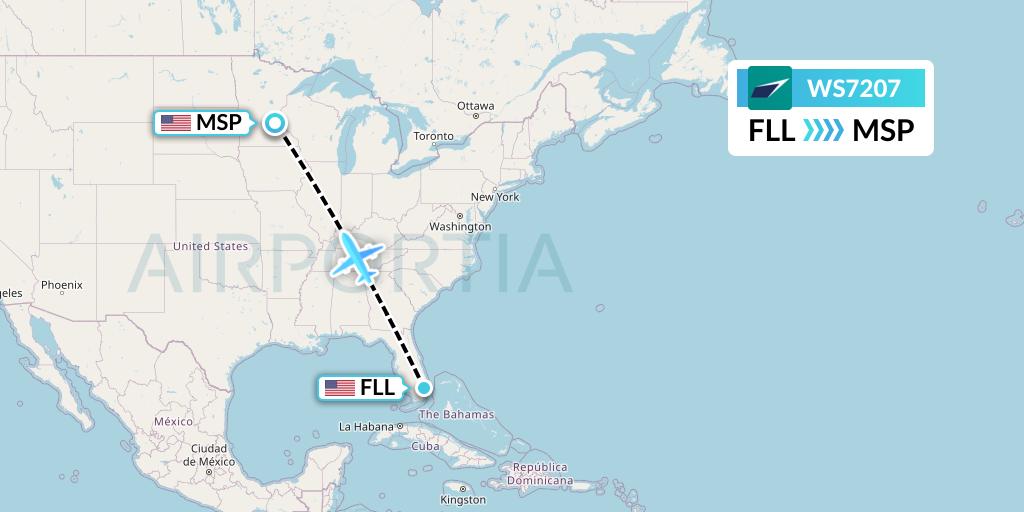 WS7207 WestJet Flight Map: Fort Lauderdale to Minneapolis
