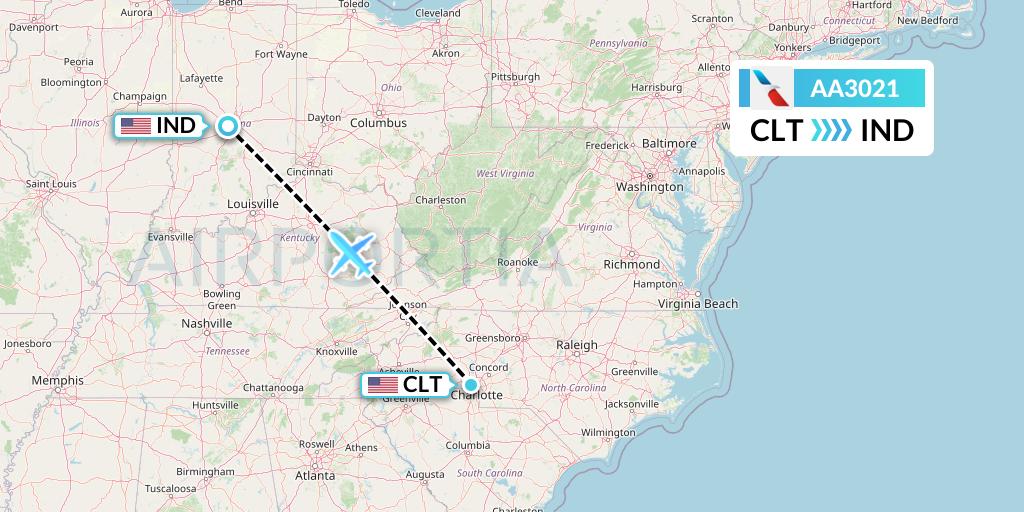 AA3021 American Airlines Flight Map: Charlotte to Indianapolis