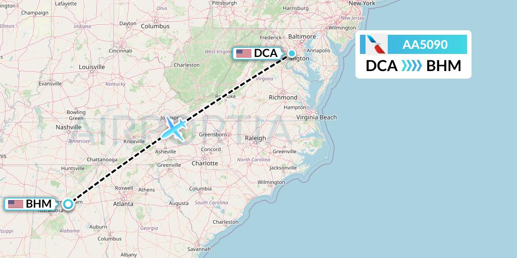 AA5090 American Airlines Flight Map: Washington to Birmingham
