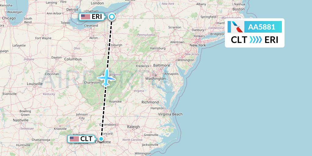 AA5881 American Airlines Flight Map: Charlotte to Erie