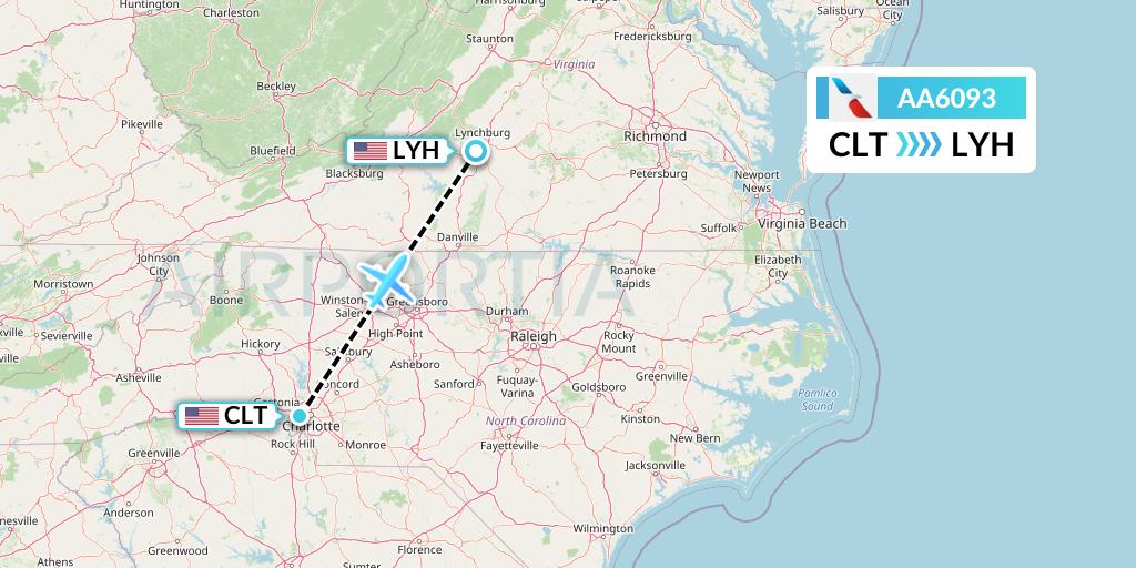 AA6093 American Airlines Flight Map: Charlotte to Lynchburg