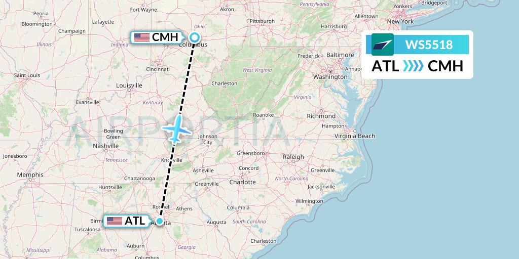 WS5518 WestJet Flight Map: Atlanta to Columbus