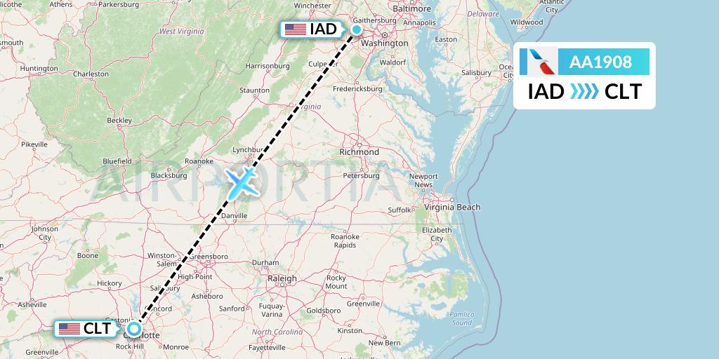 AA1908 American Airlines Flight Map: Washington to Charlotte