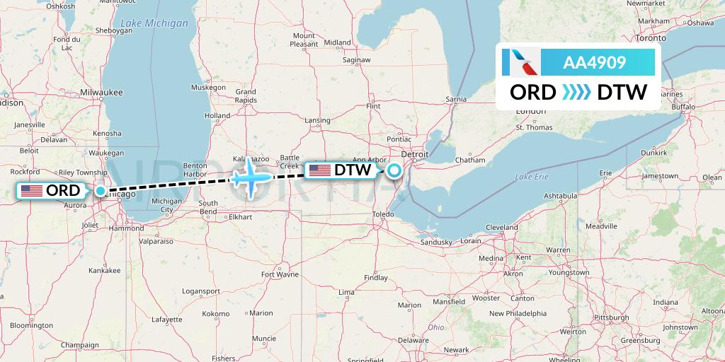 AA4909 American Airlines Flight Map: Chicago to Detroit