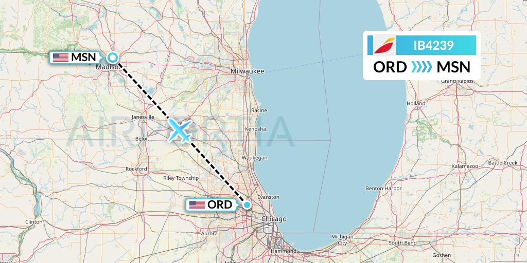 IB4239 Iberia Flight Map: Chicago to Madison