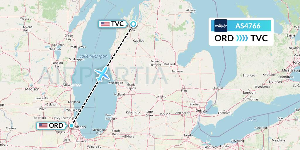 AS4766 Alaska Airlines Flight Map: Chicago to Traverse City