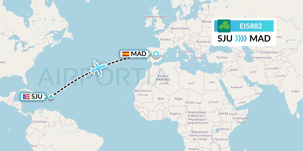 EI5882 Aer Lingus Flight Map: San Juan to Madrid