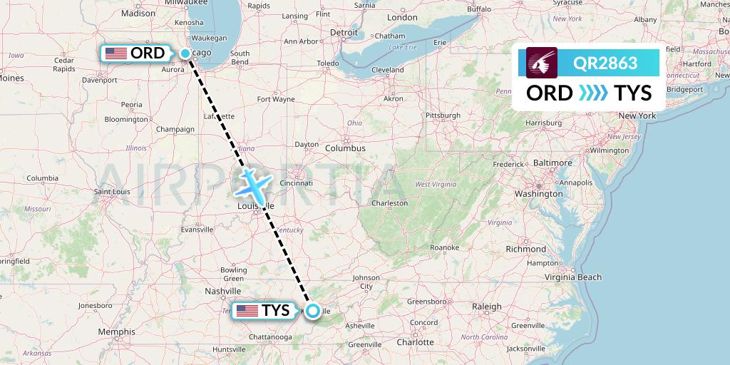 QR2863 Qatar Airways Flight Map: Chicago to Knoxville
