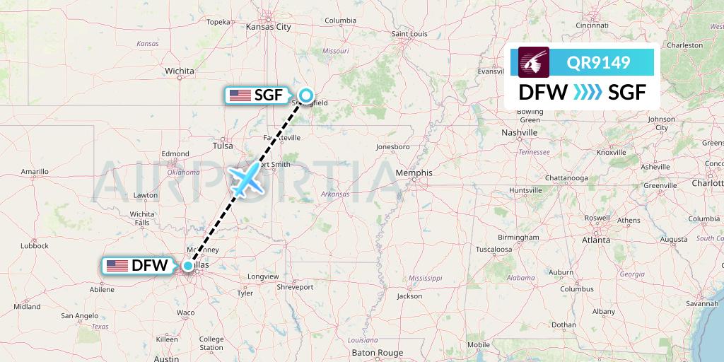 QR9149 Qatar Airways Flight Map: Dallas to Springfield
