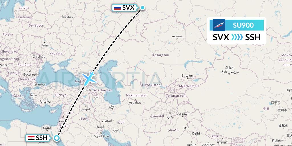 SU900 Aeroflot Flight Map: Yekaterinburg to Sharm el-Sheikh
