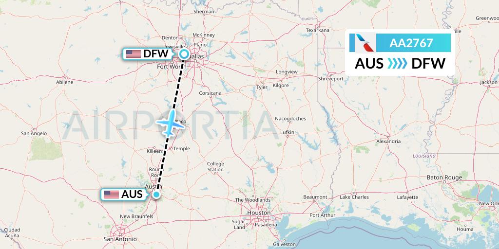AA2767 American Airlines Flight Map: Austin to Dallas