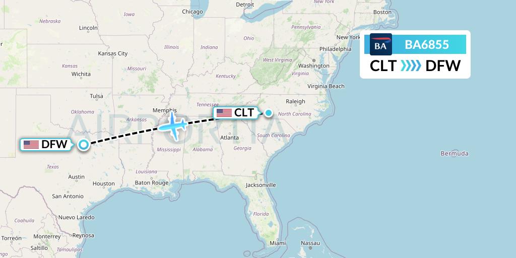 BA6855 British Airways Flight Map: Charlotte to Dallas