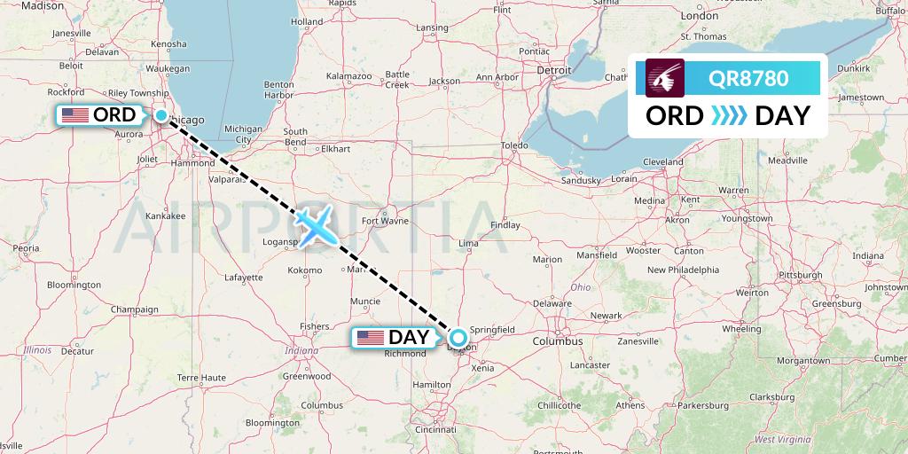 QR8780 Qatar Airways Flight Map: Chicago to Dayton