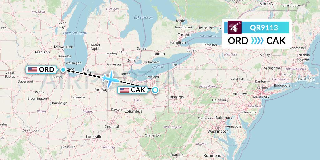 QR9113 Qatar Airways Flight Map: Chicago to Akron
