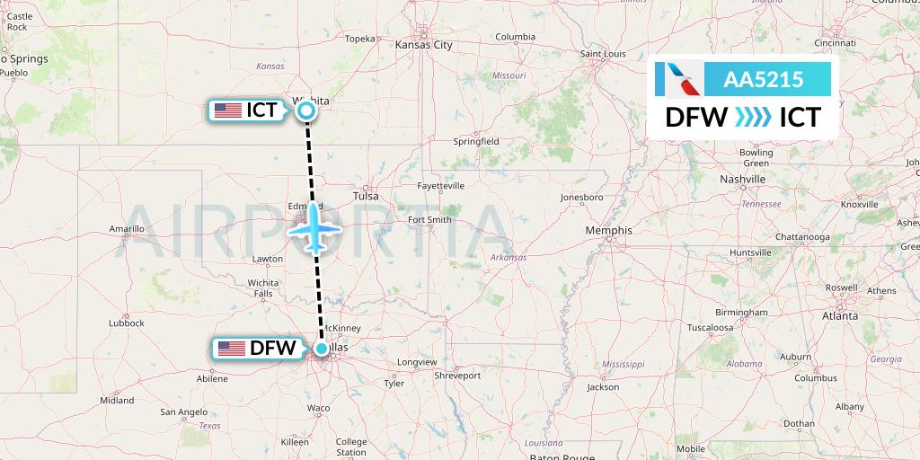 AA5215 American Airlines Flight Map: Dallas to Wichita