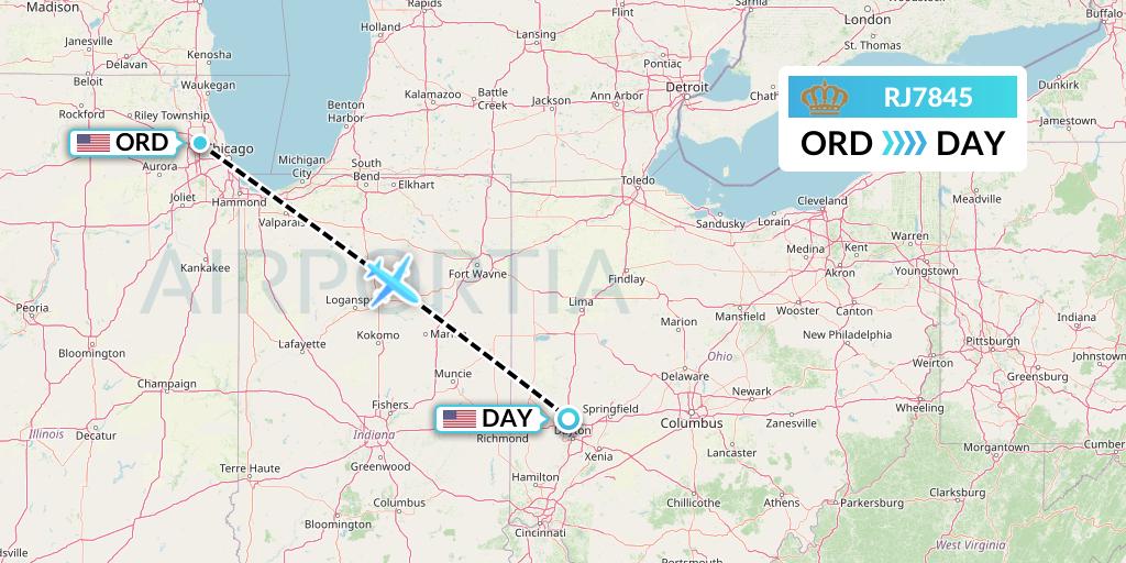 RJ7845 Royal Jordanian Flight Map: Chicago to Dayton