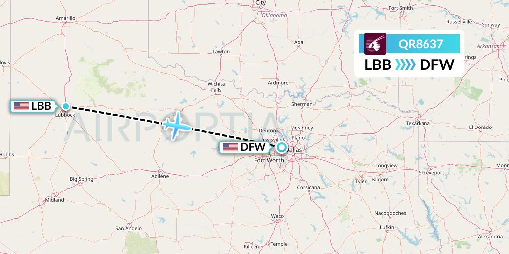QR8637 Qatar Airways Flight Map: Lubbock to Dallas