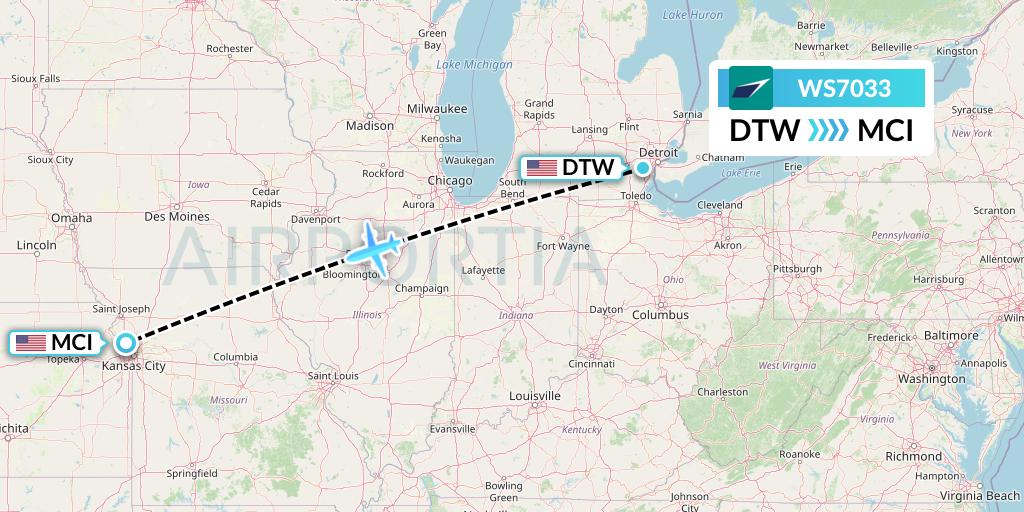 WS7033 WestJet Flight Map: Detroit to Kansas City