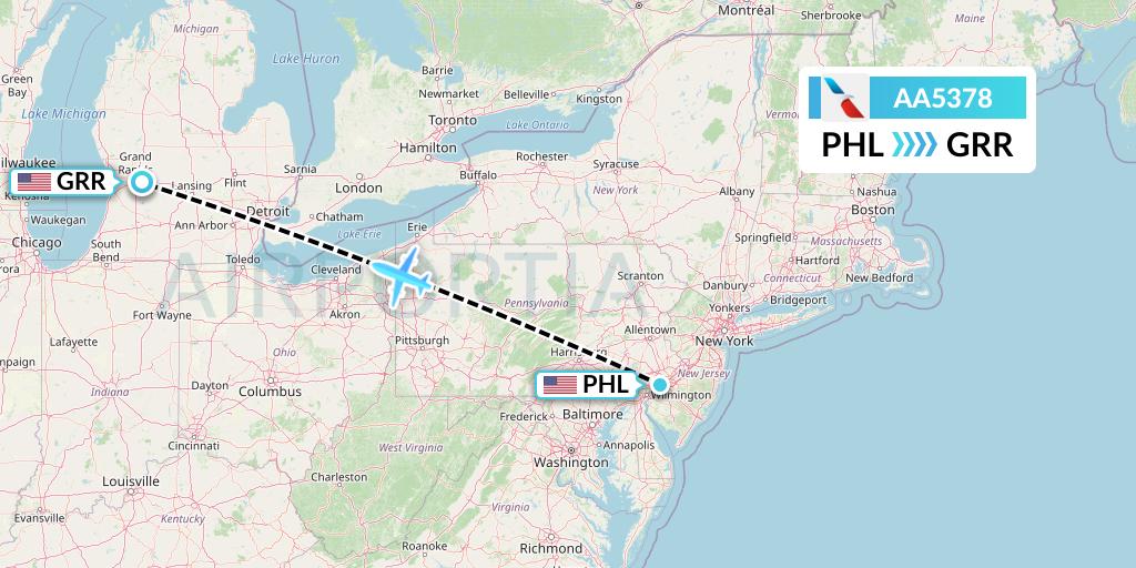 AA5378 American Airlines Flight Map: Philadelphia to Grand Rapids