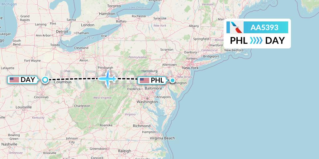 AA5393 American Airlines Flight Map: Philadelphia to Dayton