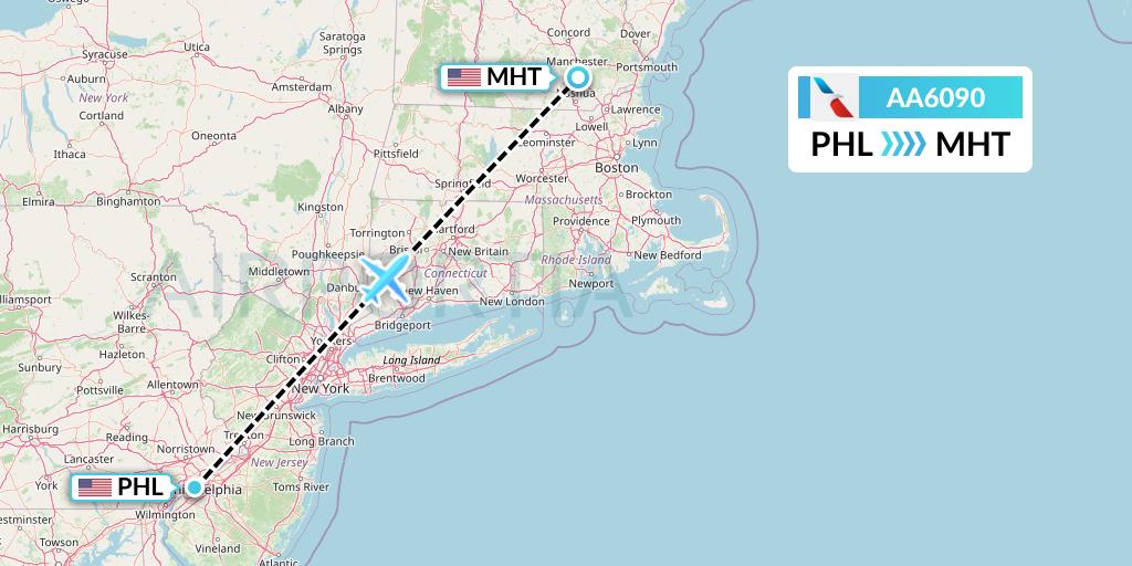 AA6090 American Airlines Flight Map: Philadelphia to Manchester