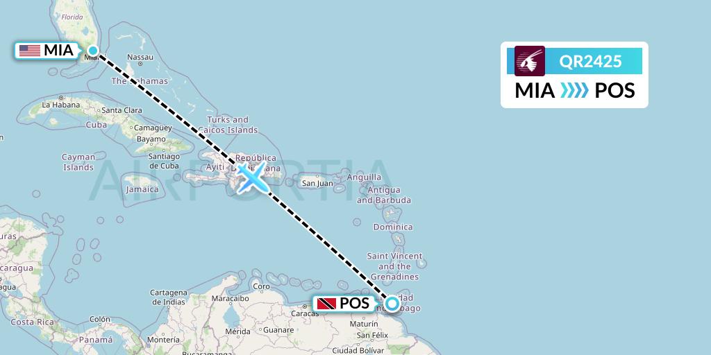 QR2425 Qatar Airways Flight Map: Miami to Port of Spain