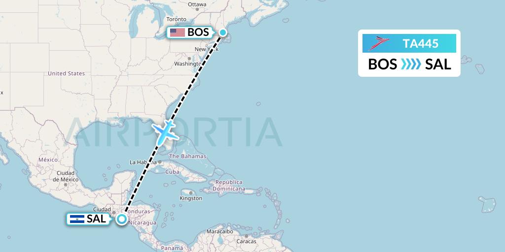 TA445 TACA Airlines Flight Map: Boston to San Salvador