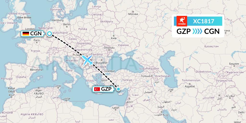 XC1817 Corendon Airlines Flight Map: Gazipasa to Cologne