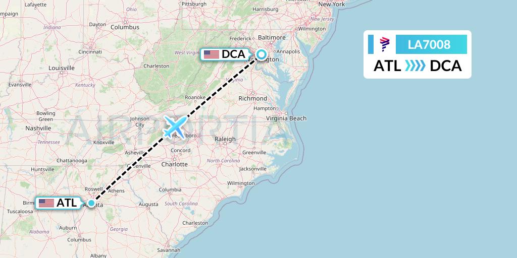 LA7008 LAN Airlines Flight Map: Atlanta to Washington