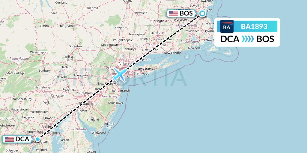 BA1893 British Airways Flight Map: Washington to Boston