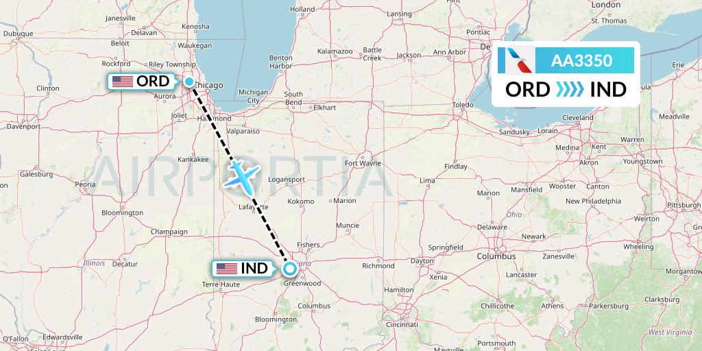 AA3350 American Airlines Flight Map: Chicago to Indianapolis
