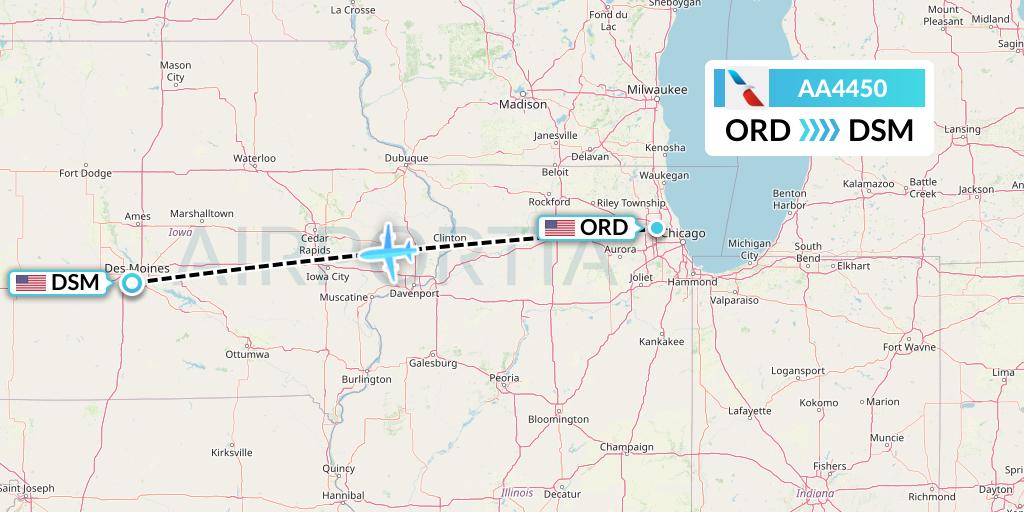 AA4450 American Airlines Flight Map: Chicago to Des Moines