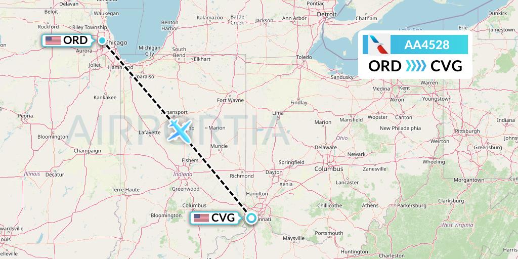 AA4528 American Airlines Flight Map: Chicago to Cincinnati