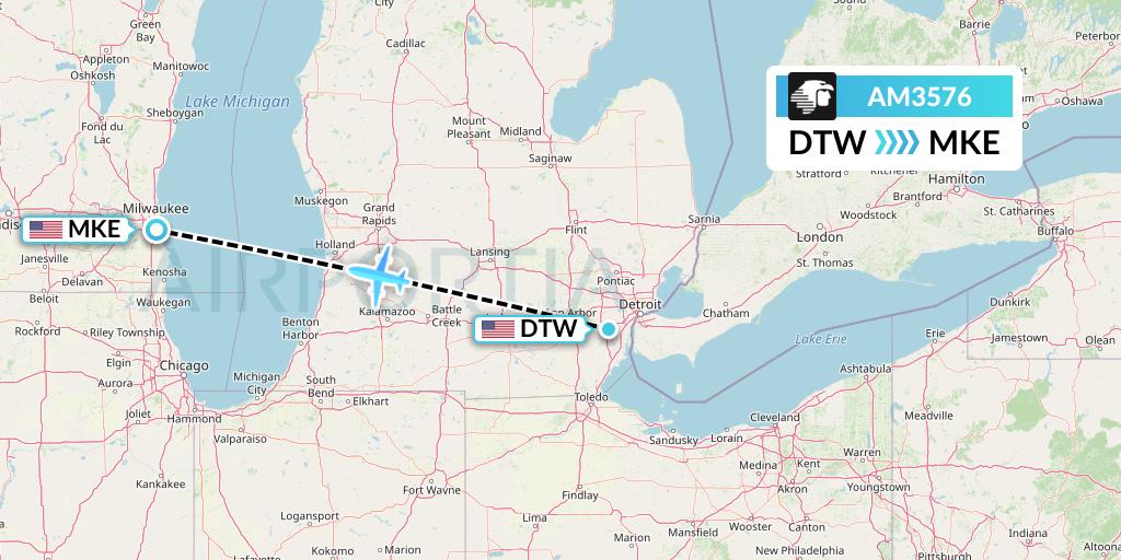 AM3576 Aeromexico Flight Map: Detroit to Milwaukee