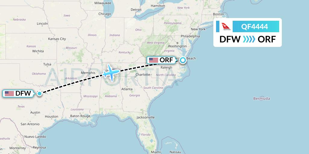 QF4444 Qantas Flight Map: Dallas to Norfolk