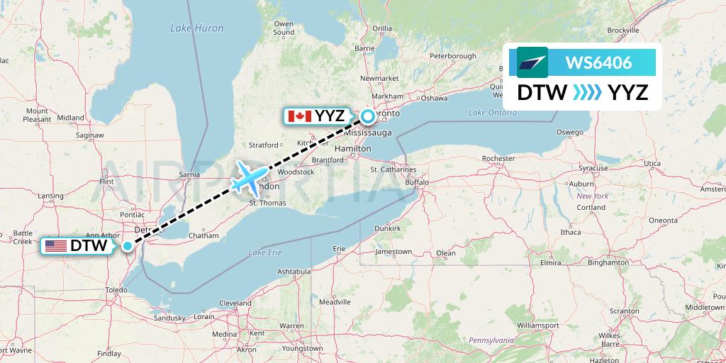 WS6406 WestJet Flight Map: Detroit to Toronto
