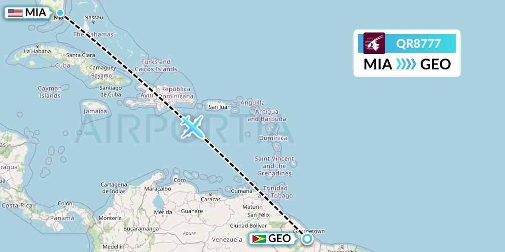 QR8777 Qatar Airways Flight Map: Miami to Georgetown