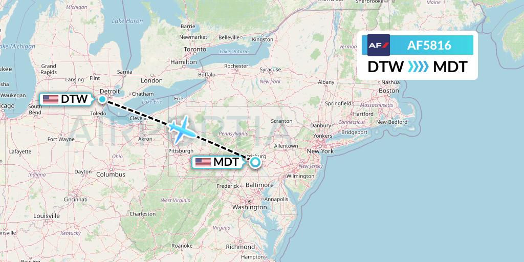 AF5816 Air France Flight Map: Detroit to Harrisburg