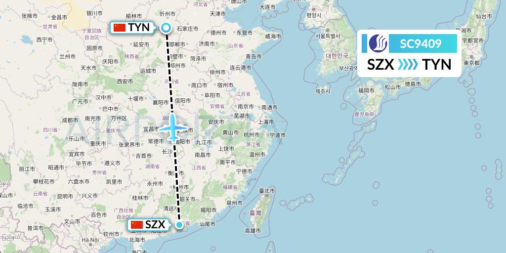 SC9409 Shandong Airlines Flight Map: Shenzhen to Taiyuan