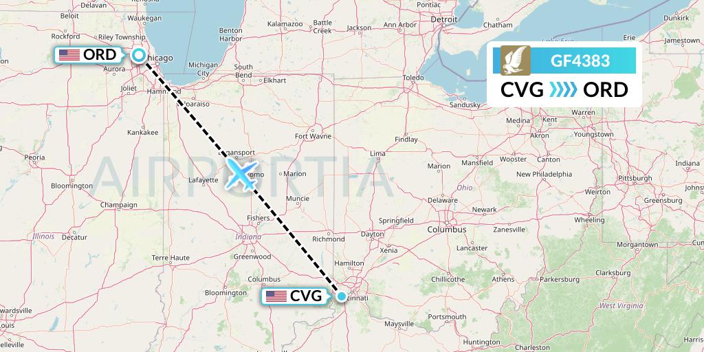 GF4383 Gulf Air Flight Map: Cincinnati to Chicago