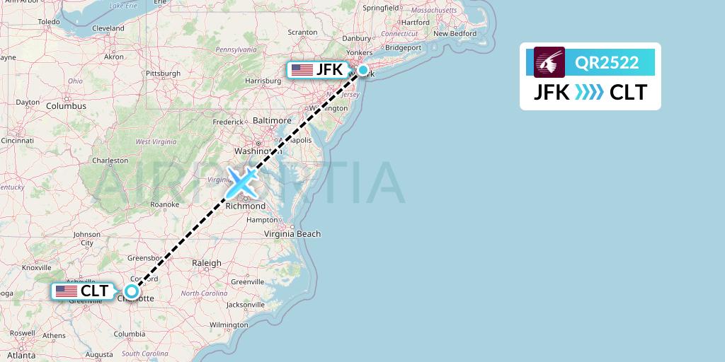 QR2522 Qatar Airways Flight Map: New York to Charlotte