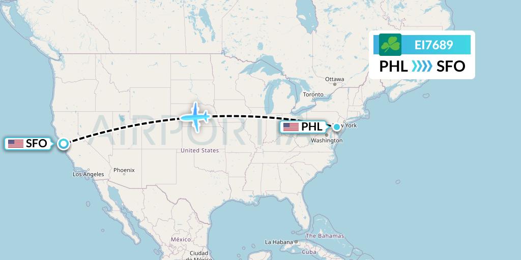 EI7689 Aer Lingus Flight Map: Philadelphia to San Francisco