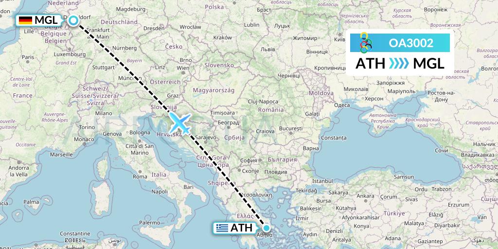 OA3002 Olympic Air Flight Map: Athens to Dusseldorf