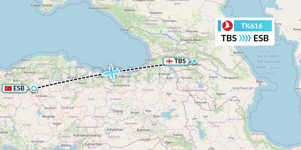 TK616 Turkish Airlines Flight Map: Tbilisi to Ankara