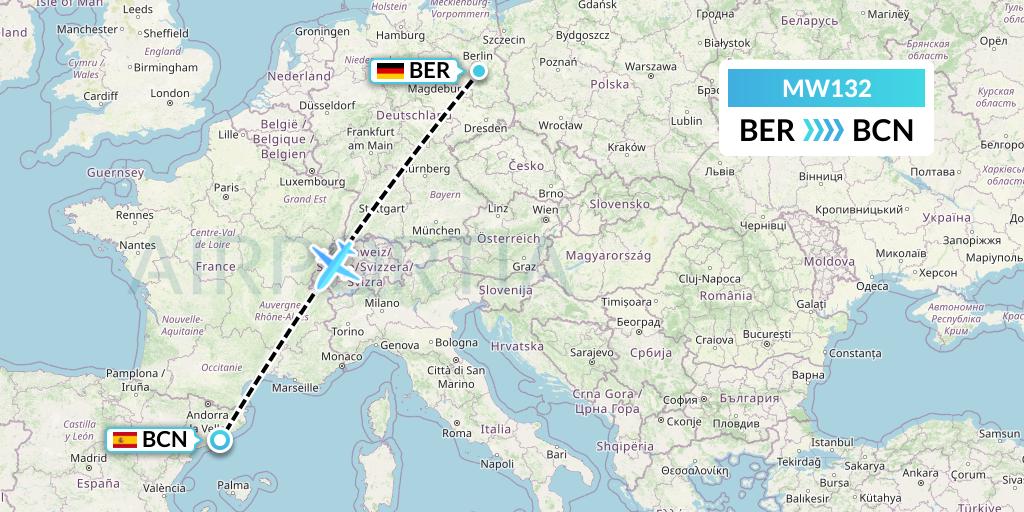 MW132 Mokulele Flight Service Flight Map: Berlin to Barcelona